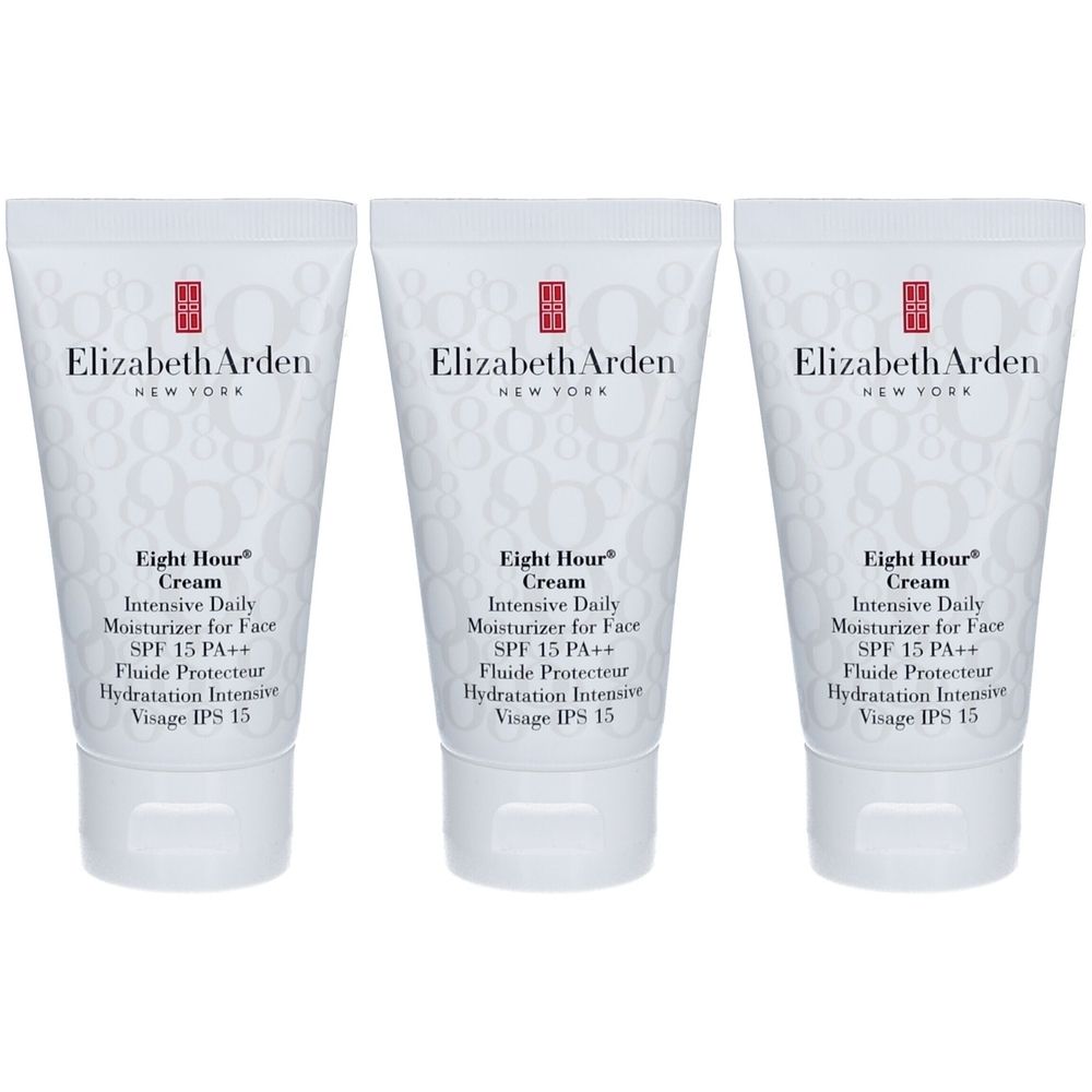 Drei weiße Tuben mit Produkttext. Aufschrift: Elizabeth Arden, Eight Hour Cream, Intensive Daily Moisturizer for Face, SPF 15 PA++.