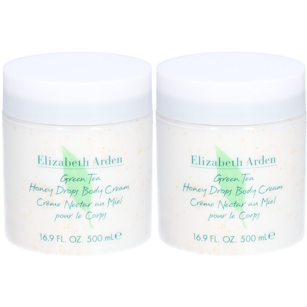Zwei weiße Tiegel mit Deckel. Aufschrift: Elizabeth Arden, Green Tea Honey Drops Body Cream. Französische Aufschrift. Volumenangabe.