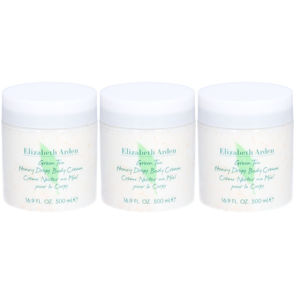 Drei weiße Tiegel mit Deckel. Aufschrift: Elizabeth Arden, Green Tea Honey Drops Body Cream. 16,9 FL. OZ. 500 ml.