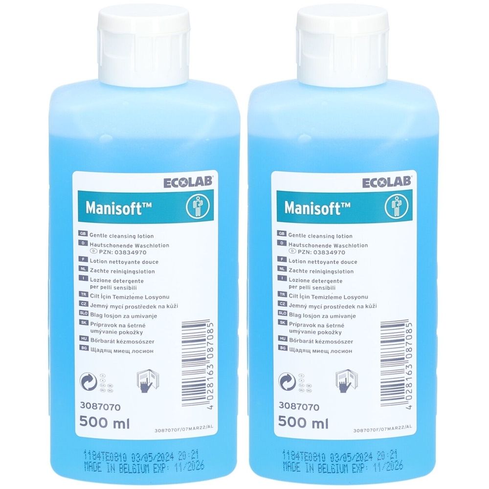 Deux flacons bleus Manisoft™ avec bouchon blanc. Inscription: 500 ml, ECOLAB.