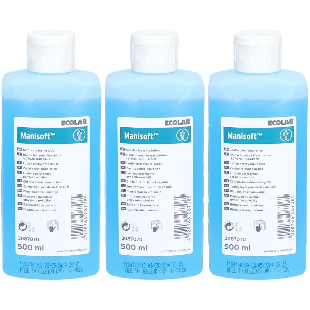 Trois flacons bleus avec bouchons blancs. Chaque flacon porte l'inscription "Manisoft" et "ECOLAB". Chaque flacon contient 500 ml.