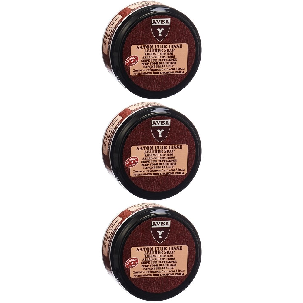Trois boîtes rondes avec couvercle marron et étiquette. L'étiquette indique "SAVON CUIR LISSE" et le logo "AVEL".