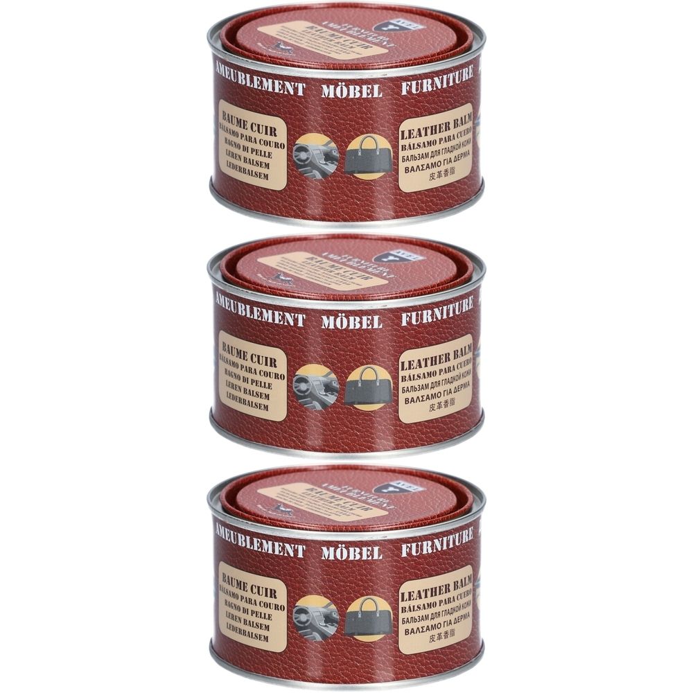 Drei Dosen Lederbalsam. Roter Deckel, braune Dose. Aufschrift: MEUBLEMENT MÖBEL FURNITURE, LEATHER BALM.