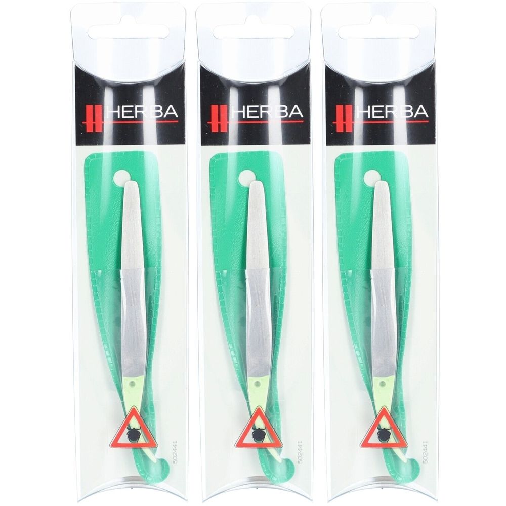 Trois pinces à tiques HERBA Inox en blister. Pince en métal avec manche blanc et fond vert. Panneau d'avertissement rouge.