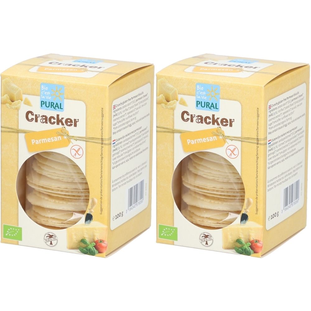 Zwei Kartons mit Crackern. Aufschrift: Pural Cracker Parmesan. Sichtfenster zeigt Cracker. Bio-Siegel.