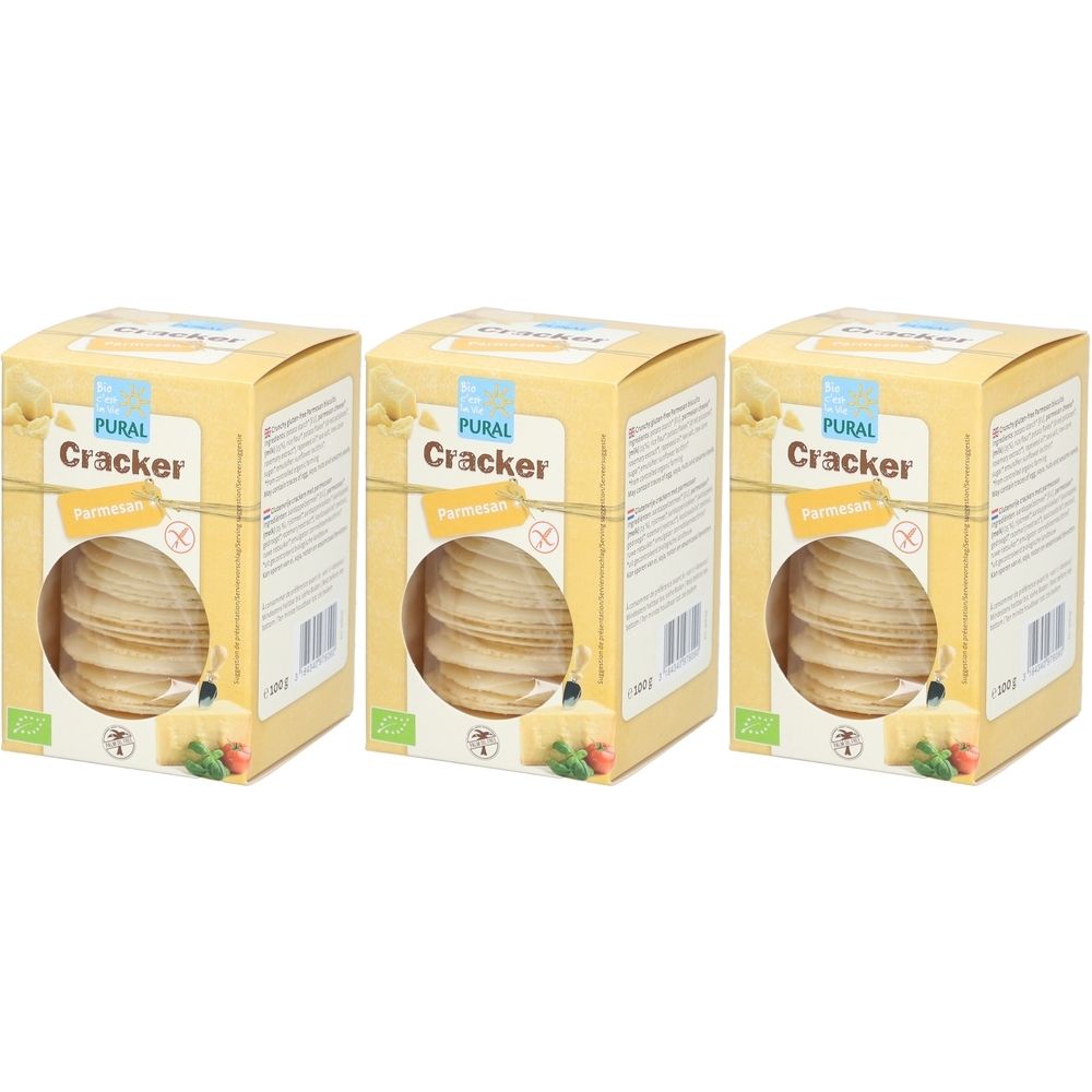 Drei Kartons mit Crackern. Aufschrift: Pural Cracker Parmesan, glutenfrei. Sichtfenster zeigt Cracker. Bio-Siegel.