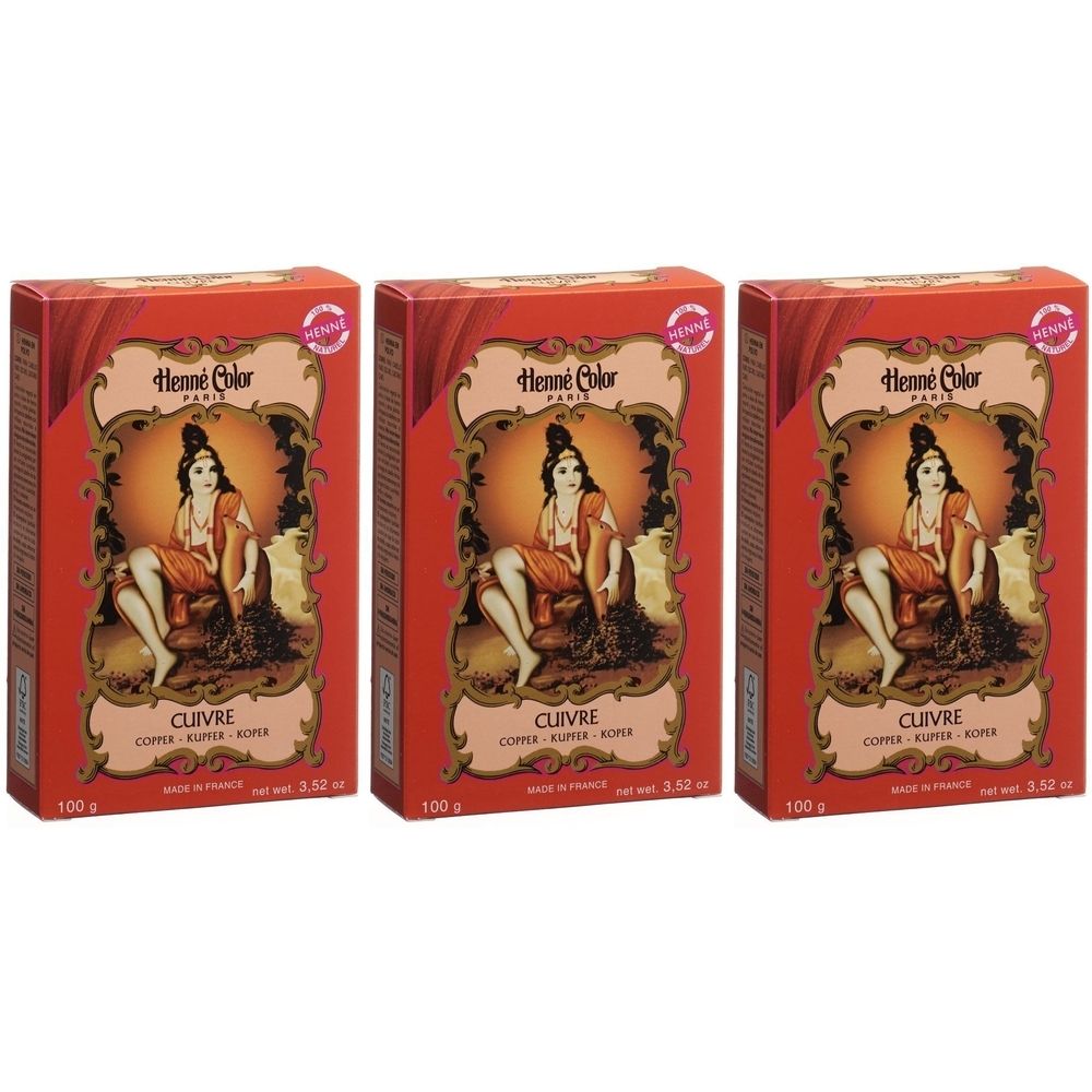 Drei identische Kartons mit Henna Color Paris Kupfer. Rote Verpackung mit Abbildung einer Frau. Text: Cuivre, 100 g, Net Wt. 3.52 oz.