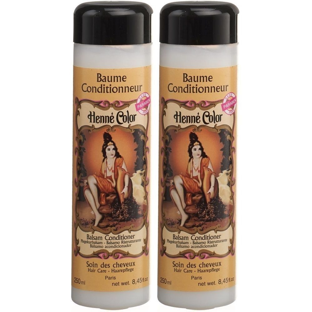 Deux flacons cylindriques avec bouchon noir. Inscription : Baume Conditionneur, Henne Color, Balsam Conditioner. Illustration d'une femme.