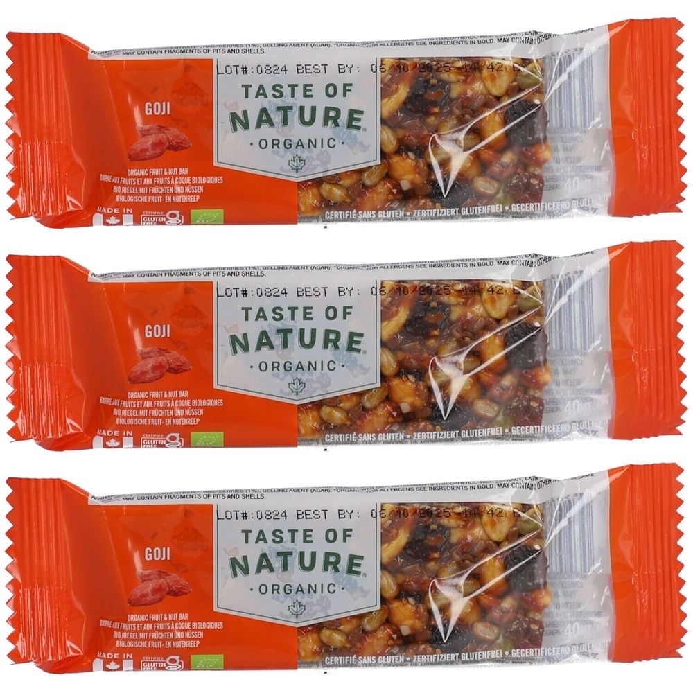 Trois barres emballées. Inscription : GOJI, TASTE OF NATURE ORGANIC. Ingrédients visibles. Emballage orange et transparent.