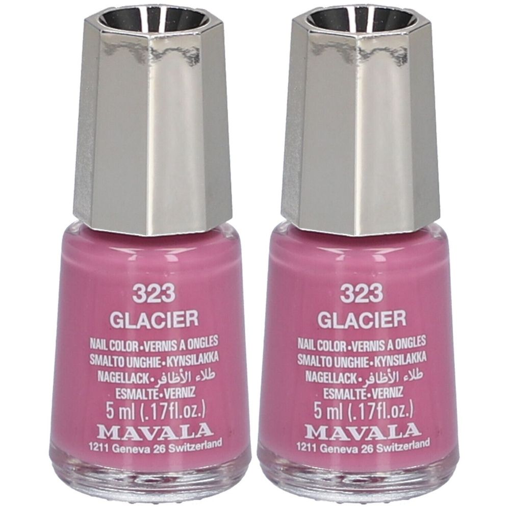 Zwei Flakons Nagellack, rosa Farbton. Aufschrift: 323 Glacier, Nail Color, 5 ml, MAVALA.