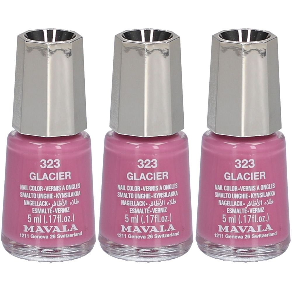 Drei Flakons Nagellack, rosa Farbton. Silberfarbener Deckel. Beschriftung: 323 Glacier, Mavala, 5 ml.