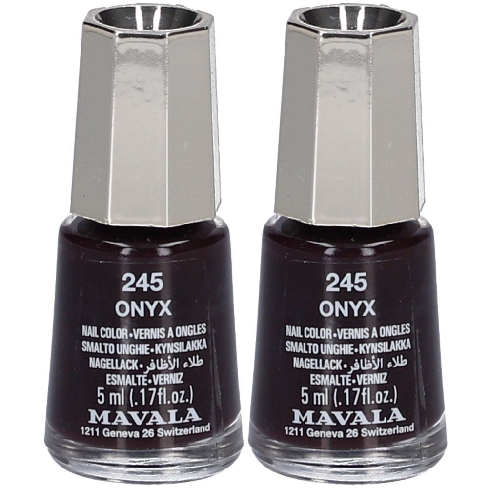 Zwei Flakons Nagellack, dunkelbraun. Aufschrift: Onyx, 245, Mavala. Silberfarbener Deckel. 5 ml.