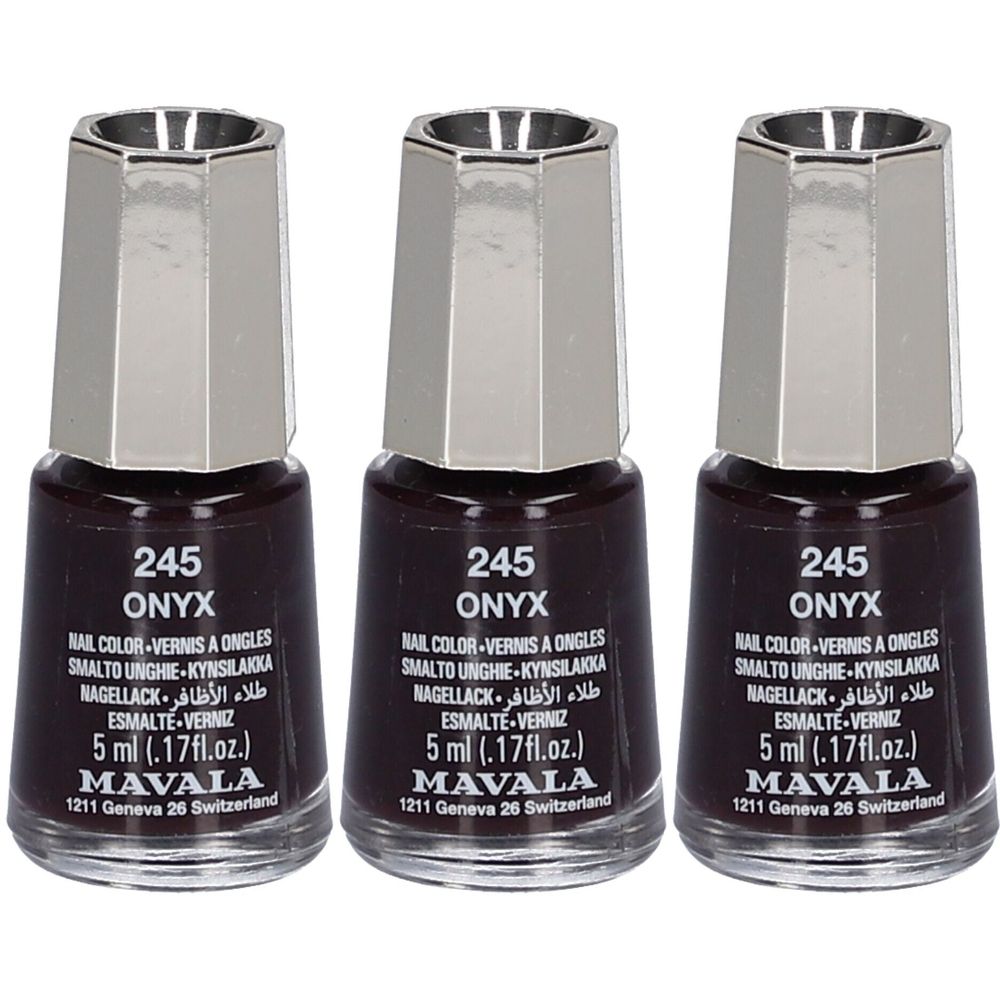 Drei Flakons Nagellack Onyx 245. Dunkelbraune Farbe, silberner Deckel. Aufschrift: Mavala, 5 ml.