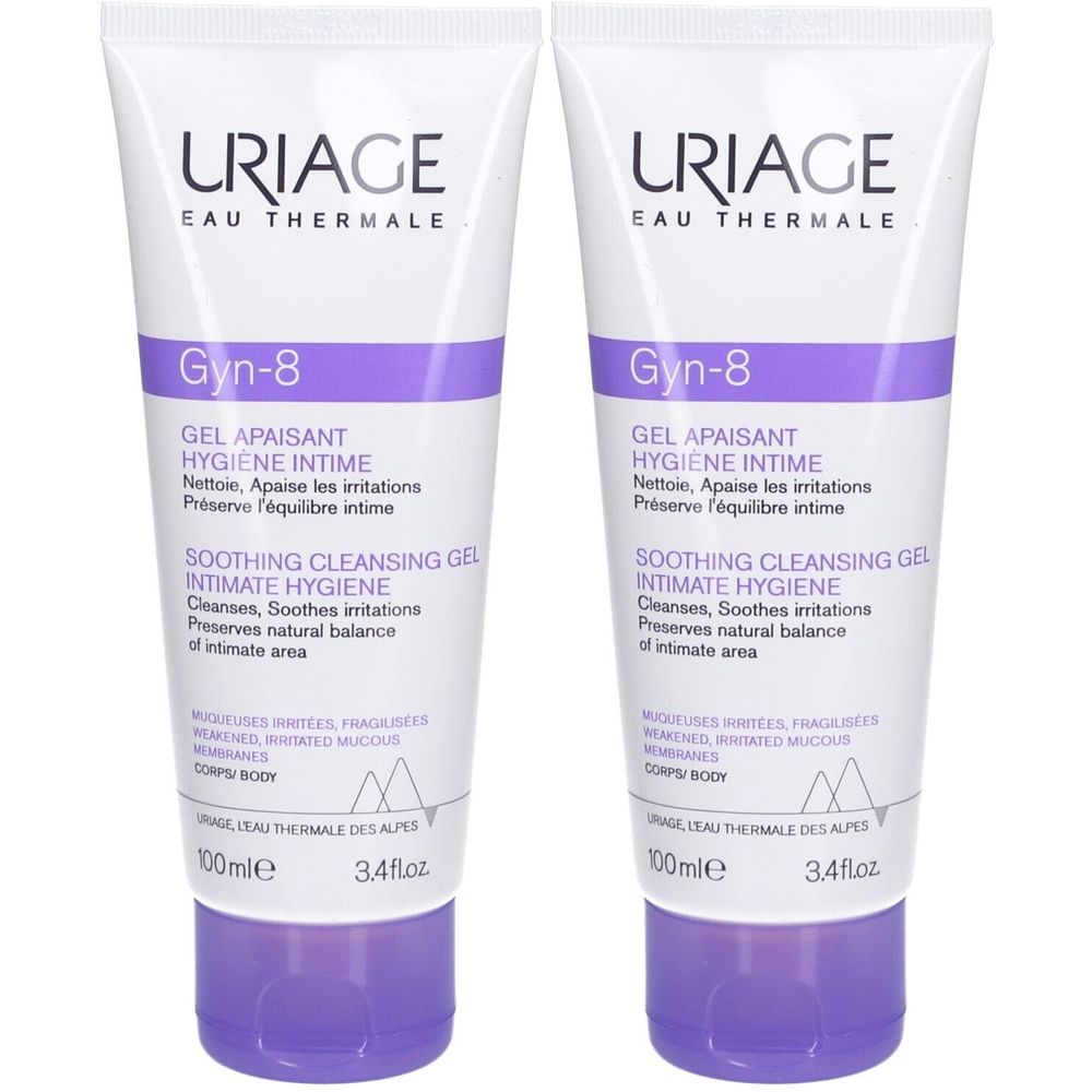 Zwei Tuben Gyn-8 Gel. Weiß mit lila Akzenten. Aufschrift: Uriage, Eau Thermale, Gel Apaisant, Hygiène Intime, Soothing Cleansing Gel.