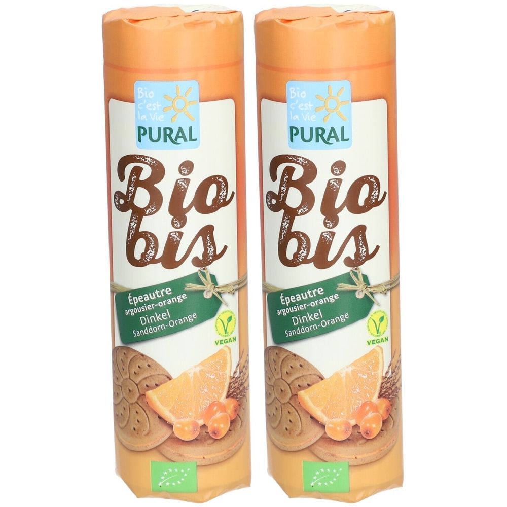 Zwei Packungen Pural Bio Bis Kekse. Aufschrift: Bio, Dinkel, Sanddorn-Orange, Vegan. Grün-weißes Etikett.