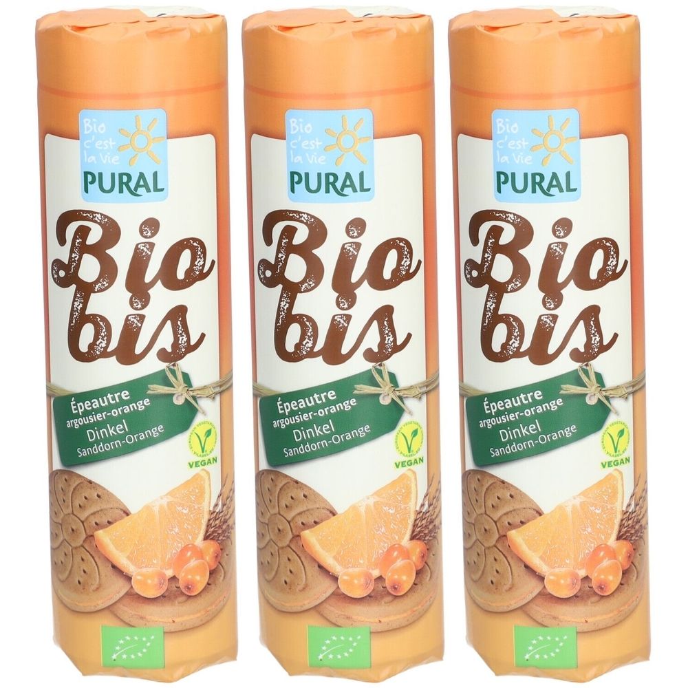 Drei zylindrische Verpackungen mit Keksen. Aufschrift: PURAL Bio bis, Dinkel, Sanddorn-Orange, Vegan. Bio-Siegel.