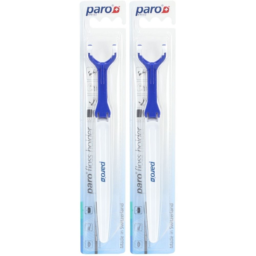 Deux porte-fils dentaires dans un emballage. Manche bleu, tige blanche. Marque : paro.