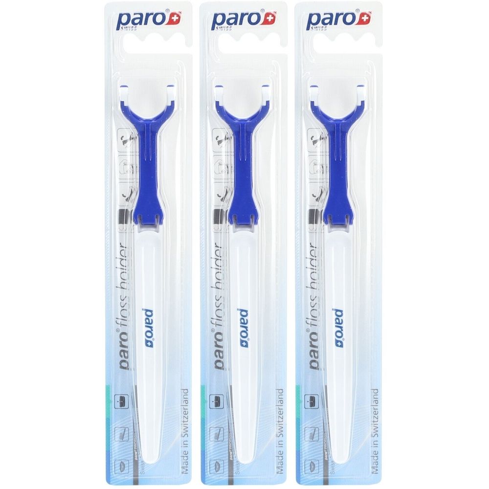 Trois porte-fils dentaires paro® en emballage blister. Supports bleus avec manche blanc. Marque et nom du produit visibles.