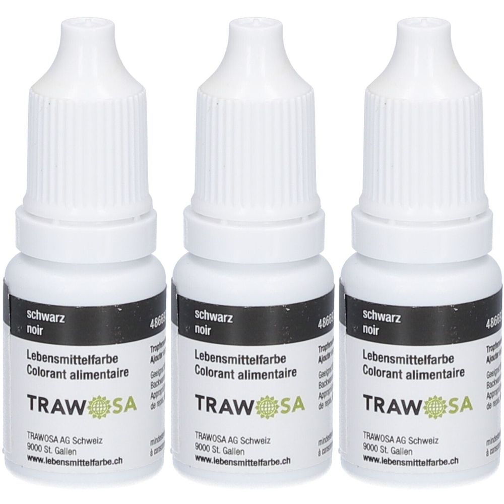 Drei weiße Flaschen mit schwarzem Etikett. Aufschrift: "Lebensmittelfarbe schwarz". Marke: TRAWOSA.