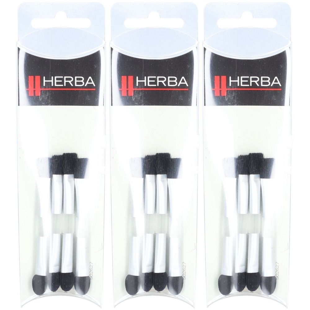 Drei Packungen HERBA Kombi-Applikatoren. Jede Packung enthält drei Applikatoren mit schwarzem Schwamm und silbernem Griff. Verpackt in Blister.