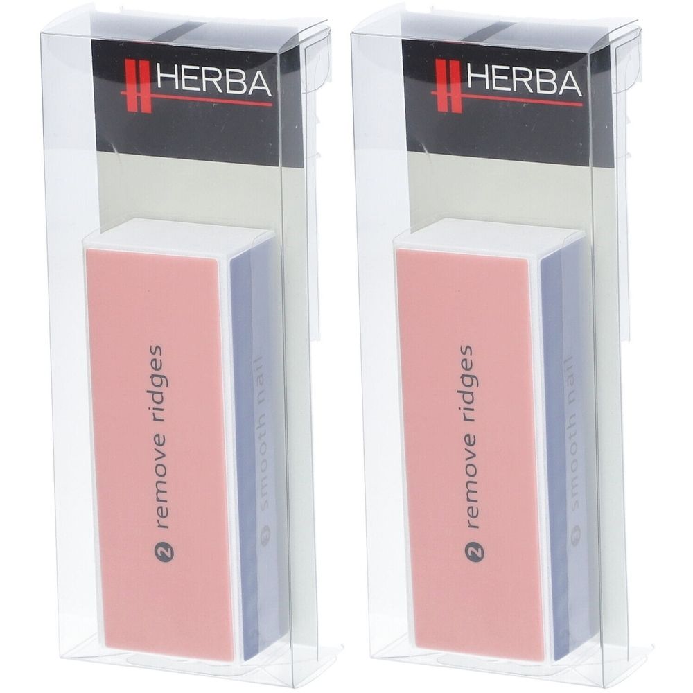 Zwei Nagelpolierblöcke in transparenten Verpackungen. Aufdruck: HERBA, remove ridges, smooth nail.