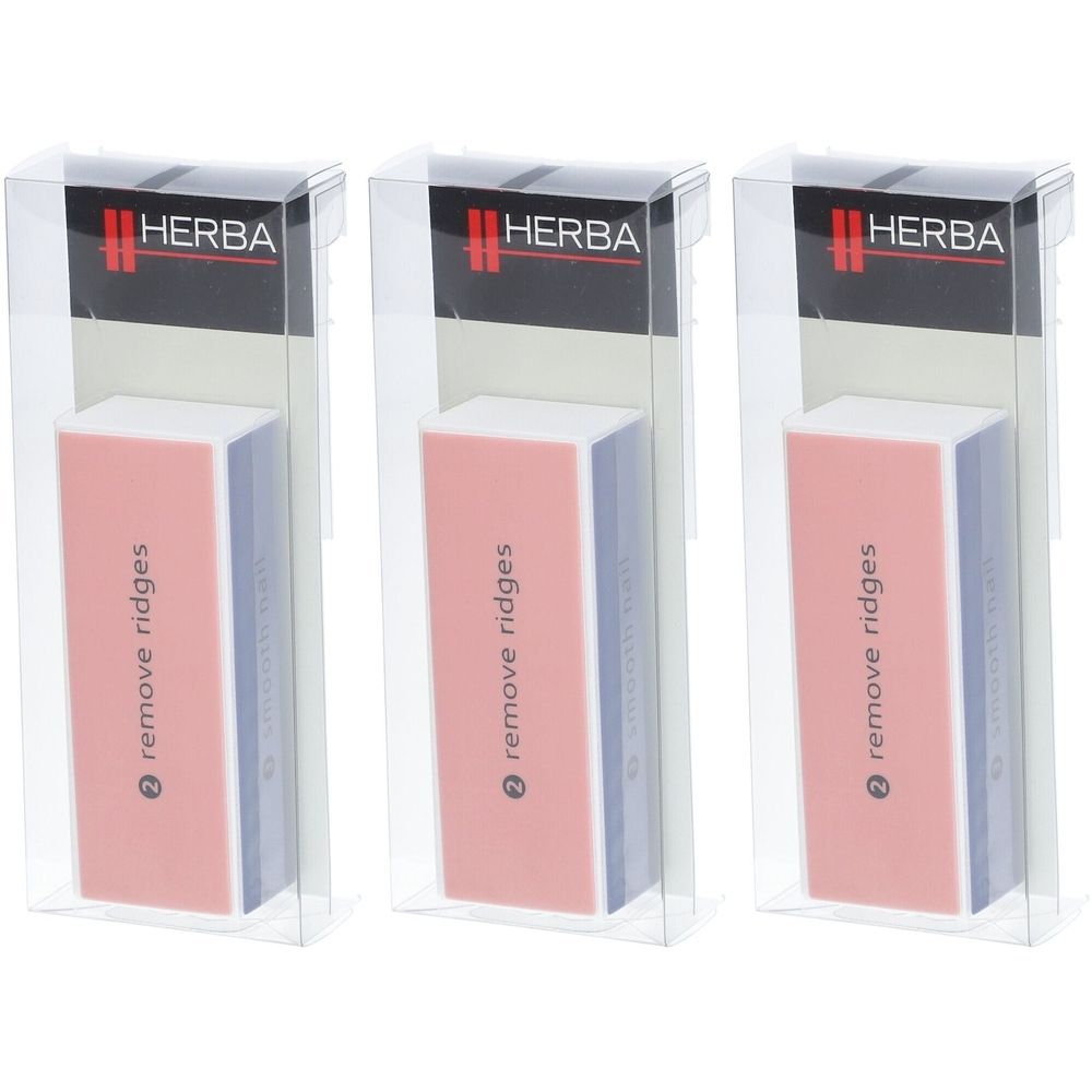 Drei Nagelpolierblöcke in transparenten Verpackungen. Aufdruck "HERBA" und "remove ridges".