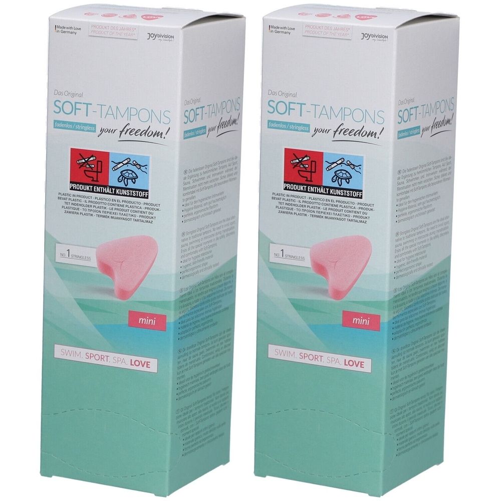 Zwei Schachteln mit Soft-Tampons. Aufdruck: Soft-Tampons, Mini, Swim, Sport, Love. Rosa Produkt abgebildet.