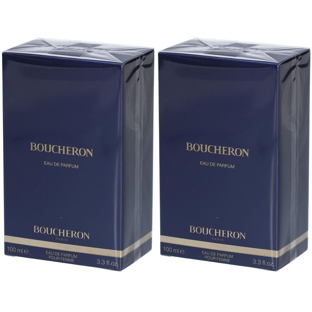 Deux boîtes bleues. Inscription: BOUCHERON Eau de Parfum. En bas: POUR FEMME. 100 ml, 3.3 fl.oz.
