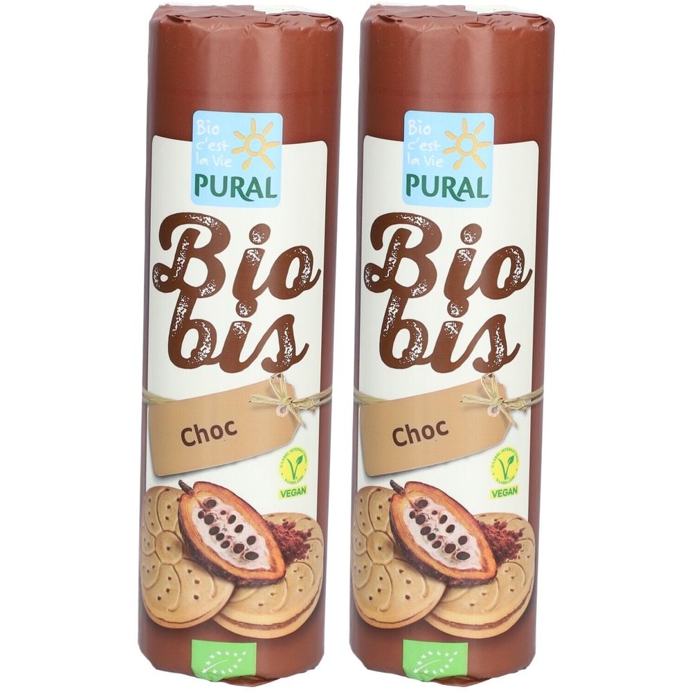 Zwei zylindrische Packungen Bio-Schokoladenkekse. Aufschrift: PURAL Bio bis Choc, Vegan-Siegel, Kakao-Abbildung.