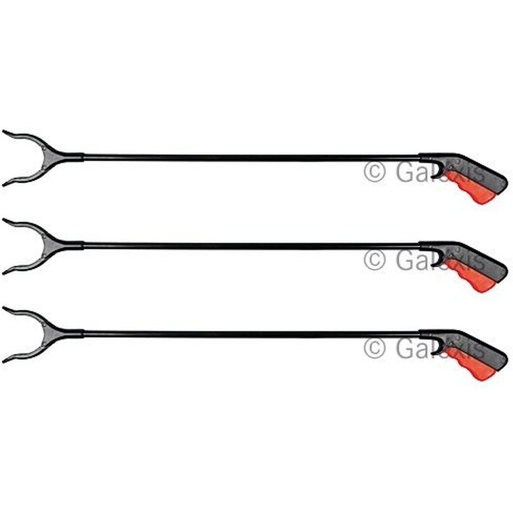 Drei Greifzangen mit schwarzem Schaft, grauer Spitze und rotem Griff. Das Produkt ist auf weißem Hintergrund abgebildet.