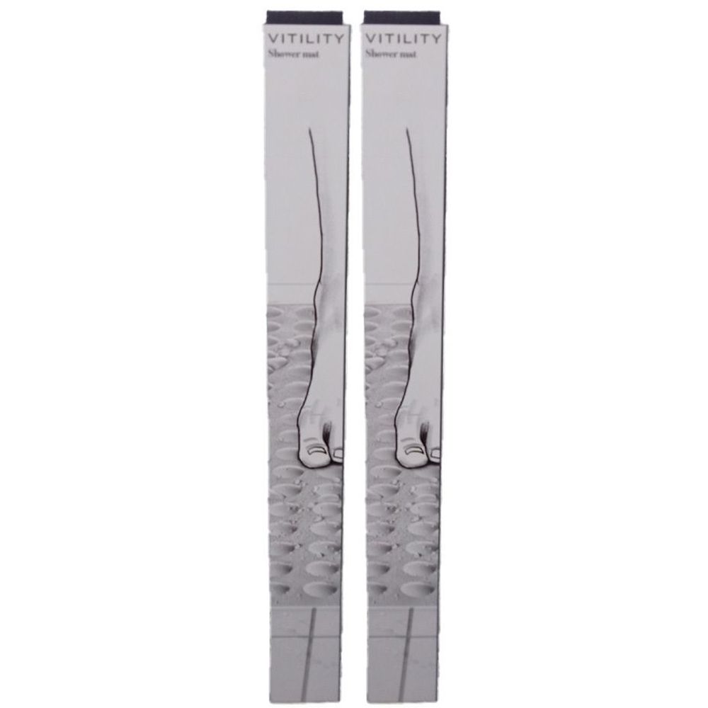 Deux emballages longs et étroits. En haut, VITILITY. En dessous, un dessin de pieds sur une surface antidérapante.