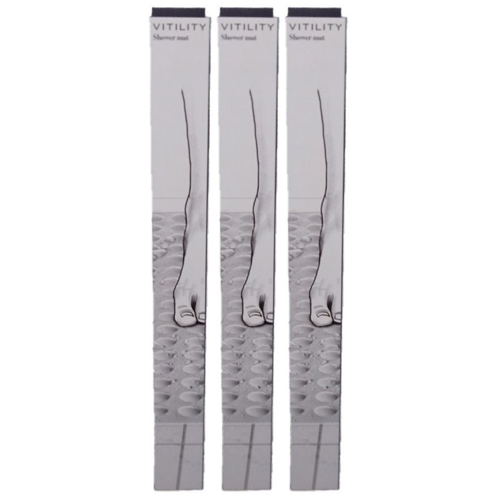 Drei längliche Verpackungen. Auf jeder steht VITILITY. Illustration eines Fußes auf einer rutschfesten Oberfläche.