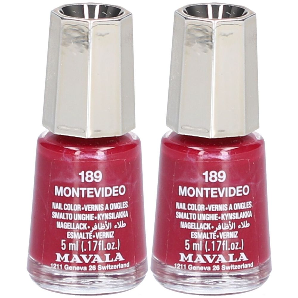 Zwei Flakons Nagellack, rot. Aufschrift: 189 Montevideo, Nail Color, 5 ml, Mavala. Silberfarbener Deckel.
