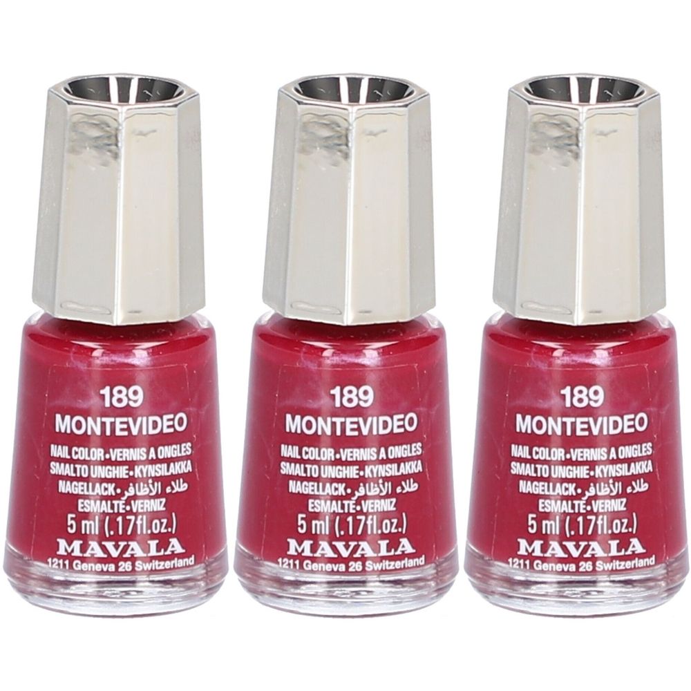 Drei Flakons Nagellack, rot. Aufschrift: 189 MONTEVIDEO, MAVALA. Silberfarbener Deckel.