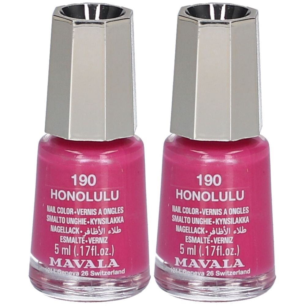 Zwei Flakons Nagellack, pink. Aufschrift: 190 HONOLULU, MAVALA. Metallkappe, 5 ml.