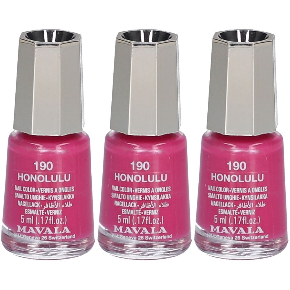 Drei Flaschen Nagellack. Rosa Farbe, silberne Kappe. Aufschrift: 190 Honolulu, Mavala. 5 ml.