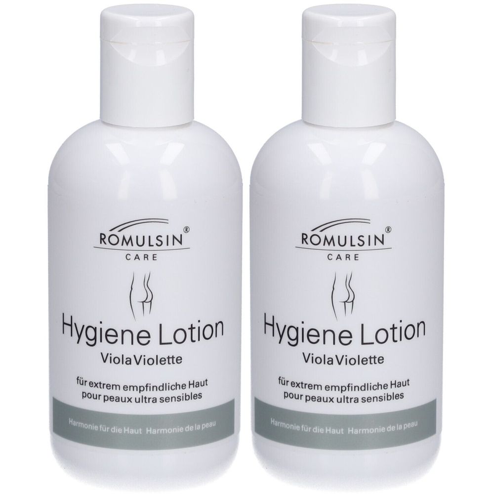 Zwei weiße Flaschen mit Hygiene Lotion. Aufschrift: ROMULSIN CARE, Hygiene Lotion, Viola Violette, für extrem empfindliche Haut.