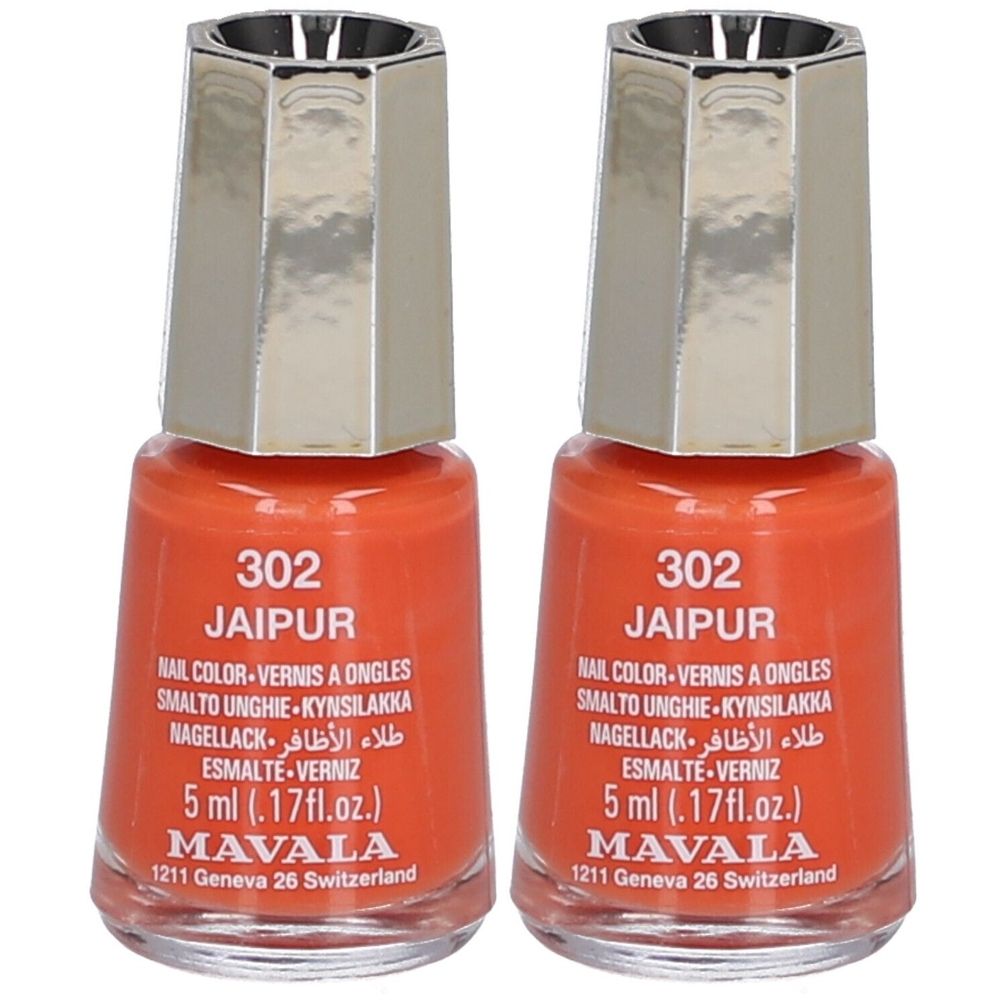 Deux flacons de vernis à ongles orange. Inscription : 302 Jaipur, MAVALA. Bouchon argenté. 5 ml.