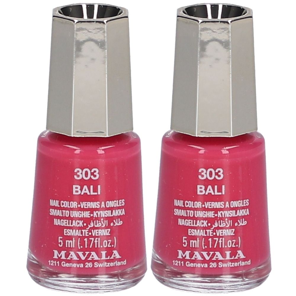 Zwei Flakons Nagellack, rosa Farbe. Aufschrift: 303 BALI, MAVALA, 5 ml. Silberfarbener Deckel.