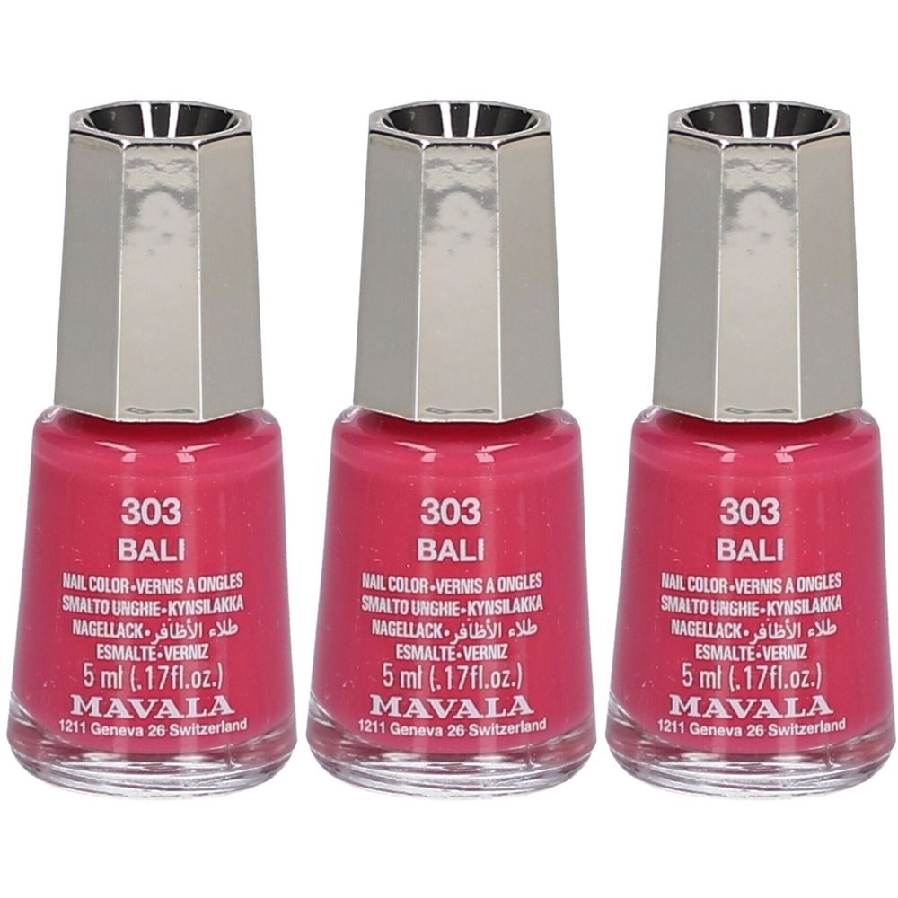 Drei Flakons Nagellack, rosa Farbe, mit silberfarbenen Deckeln. Aufschrift: 303 BALI, MAVALA.