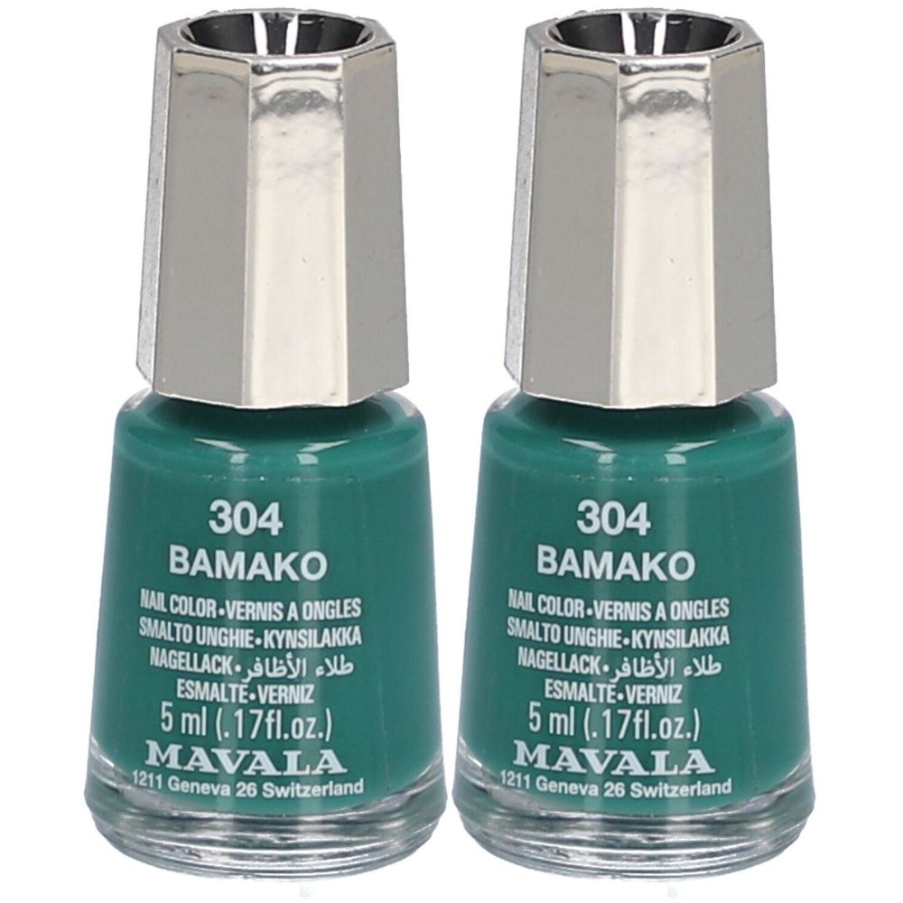 Zwei Flakons Nagellack, grün. Aufschrift: 304 BAMAKO, MAVALA, 5 ml. Silberfarbener Deckel.