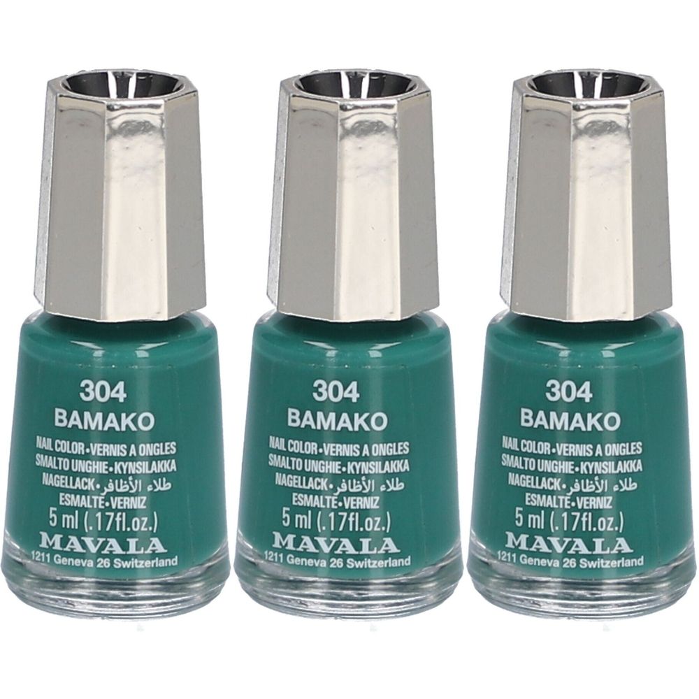 Drei Flakons Nagellack, grün. Aufschrift: 304 BAMAKO, MAVALA. Metallkappe. 5 ml.