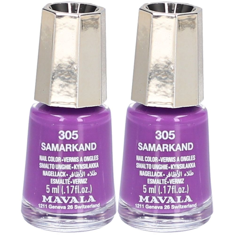 Zwei Flaschen Nagellack in Lila. Aufschrift: 305 Samarkand, Mavala. Mit silberfarbenen Deckeln.