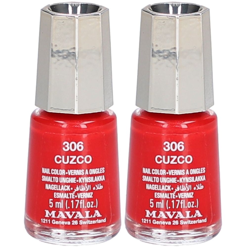 Zwei Flaschen Nagellack mit roter Farbe. Aufschrift: 306 CUZCO, MAVALA. Silberfarbener Deckel. 5 ml.