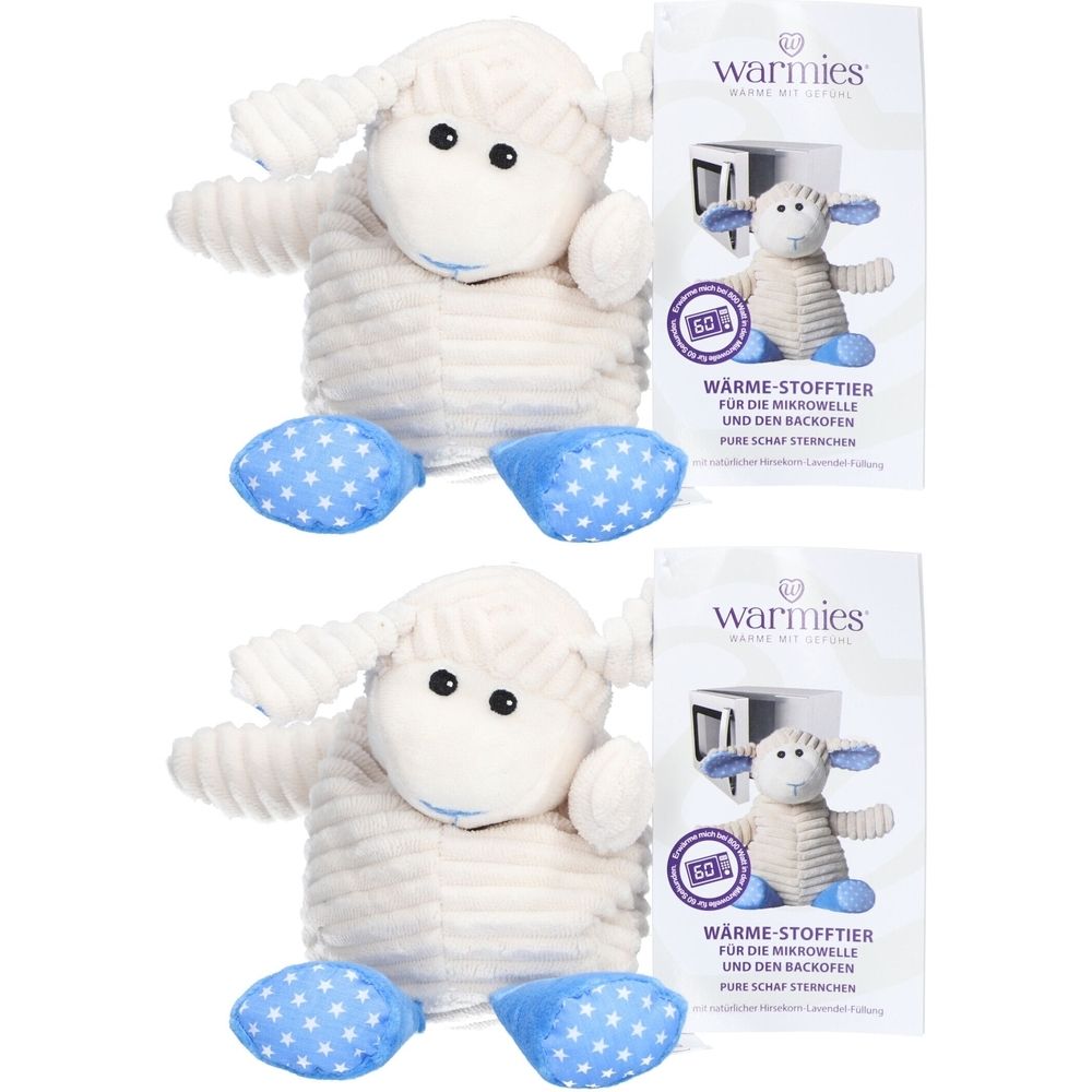 Deux peluches blanches en forme de mouton avec des pieds bleus. Emballage avec le logo "warmies" et informations sur le produit.