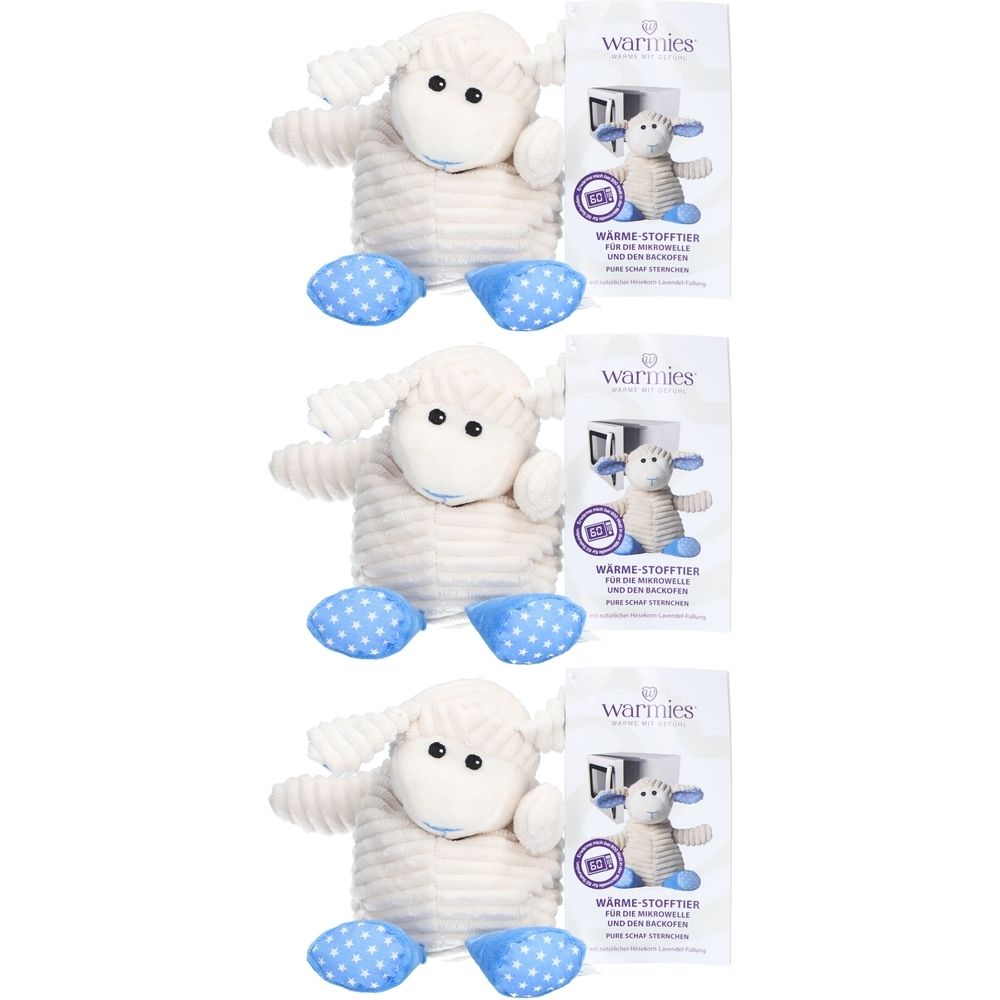 Trois moutons coussins chauffants avec pieds bleus et emballage. Marque : Warmies. Inscription : Peluche chauffante.