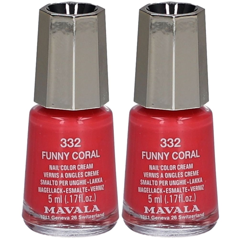 Deux flacons de vernis à ongles corail. Inscription: Funny Coral, 5 ml, Mavala. Bouchon argenté.