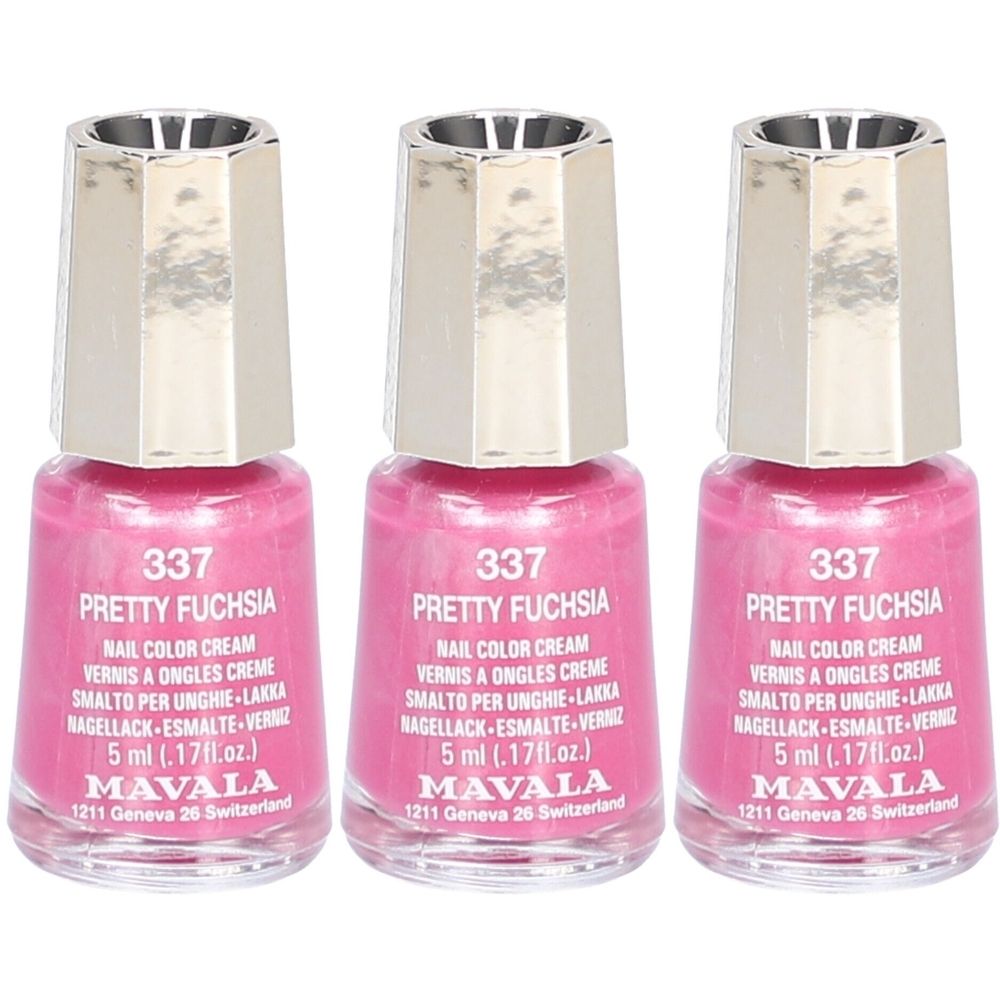 Trois flacons de vernis à ongles Pretty Fuchsia 337. Couleur rose, bouchon argenté. Marque Mavala, 5 ml.