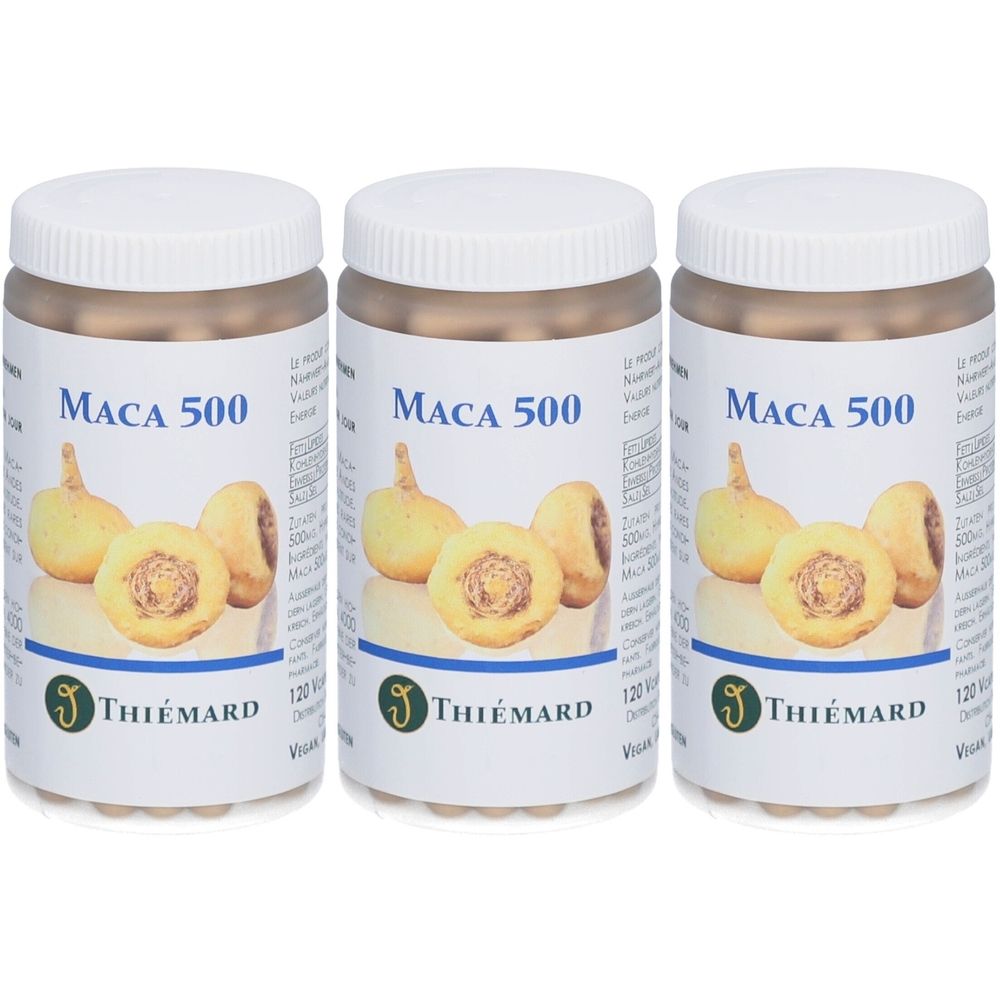 Drei Flaschen mit weißem Deckel. Auf den Etiketten steht "Maca 500" und das Logo von THIÉMARD. Abgebildet ist eine Maca-Wurzel.