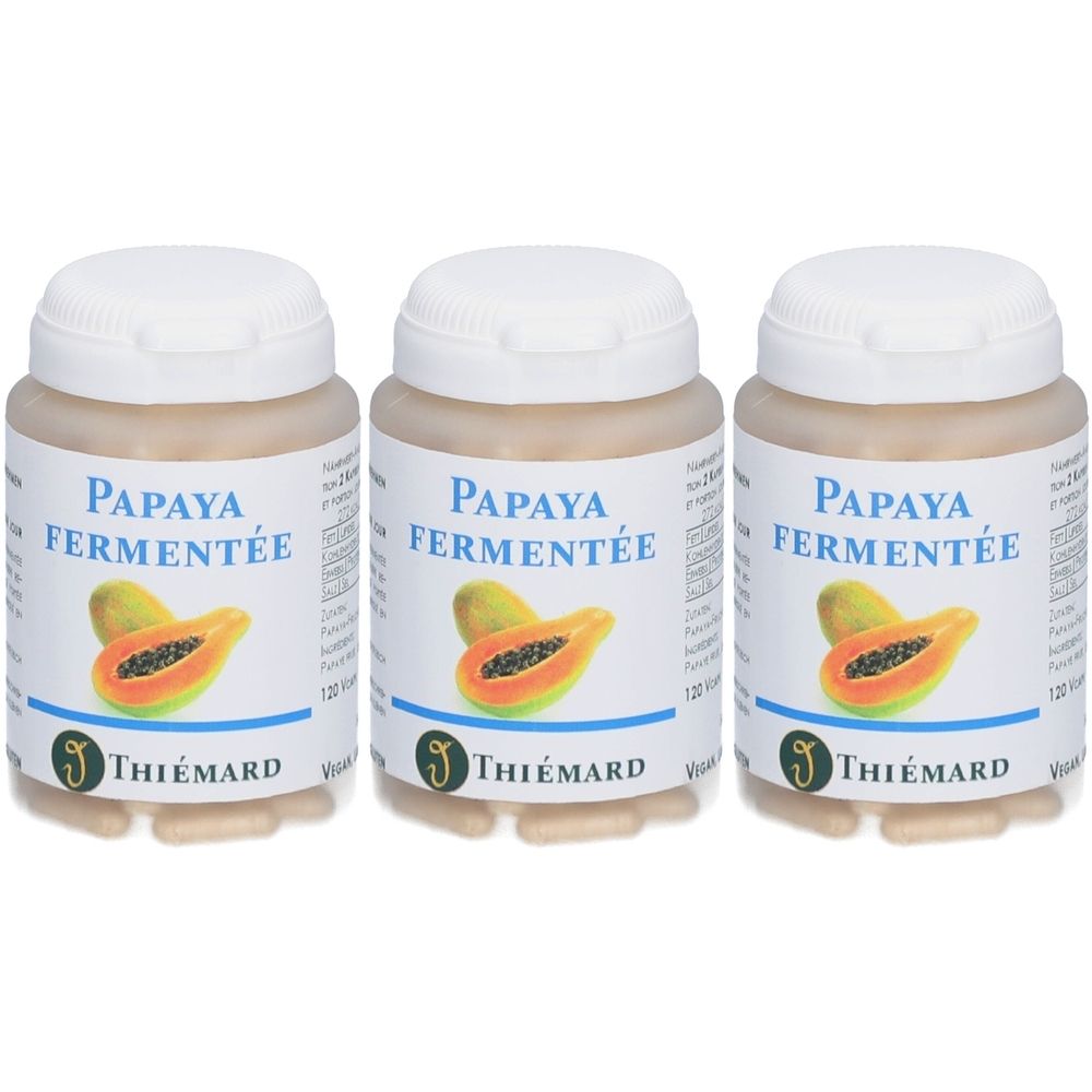 Drei Flaschen mit weißem Deckel. Aufschrift: Papaya Fermentée. Logo: Papaya-Frucht. Marke: THIÉMARD.